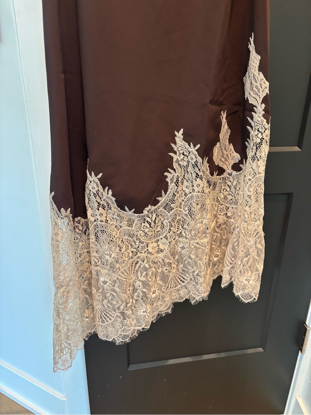 Anthropologie Bl-nk Satin Off-Shoulder Lace Midi Dress Small Reg Chocolate Brown - Picture 8 of 13